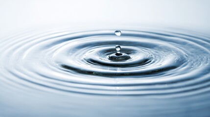 Close-Up of Water Droplet Falling into Calm Blue Waters, Creating Ripples and Circular Patterns on a White Background.