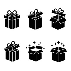 Gift box icons in minimal black and white, with ribbons and sparkle effects.

