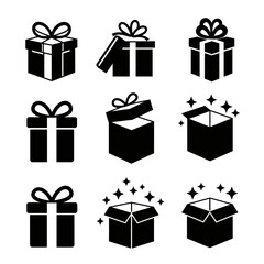 Gift box icons in minimal black and white, with ribbons and sparkle effects.

