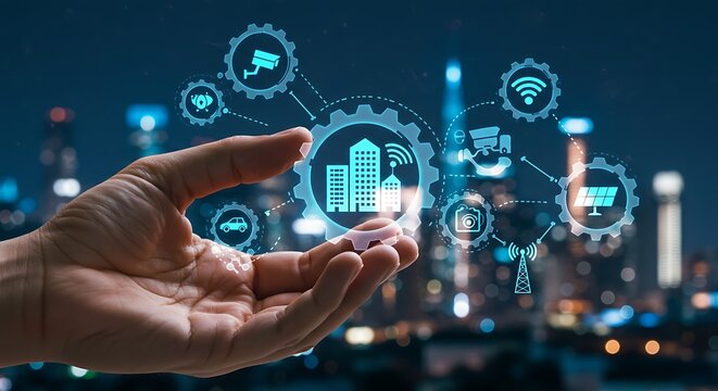 Hand holding a digital representation of a smart city with connected icons, against a blurred cityscape backdrop.