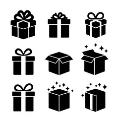 Gift box icons in minimal black and white, with ribbons and sparkle effects.


