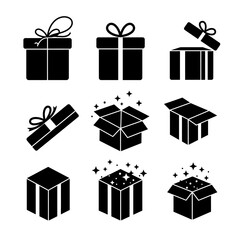 Gift box icons in minimal black and white, with ribbons and sparkle effects.

