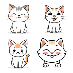 Vector art of four adorable cartoon cats, each with unique expressions and colors, are sitting and smiling, isolated on white background