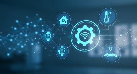 Digital illustration depicting smart home automation with connected devices and network nodes.