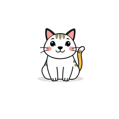 Vector art of a cute white cartoon cat with grey markings and an orange tail sits happily isolated on white background