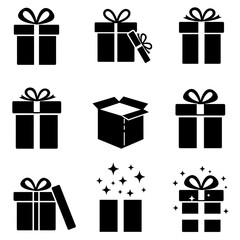 Gift box icons in minimal black and white, with ribbons and sparkle effects.


