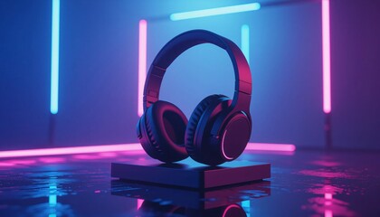 Illuminated Headphones in Neon Room