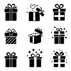 Gift box icons in minimal black and white, with ribbons and sparkle effects.

