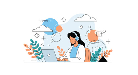 A dedicated customer service representative wearing a headset works attentively on a laptop computer surrounded by abstract shapes and decorative foliage