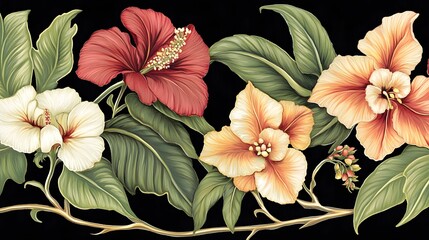 Elegant Hibiscus and Tropical Flower Border Illustration