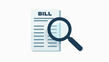 Magnifying glass inspecting bill details on white background, expense tracking