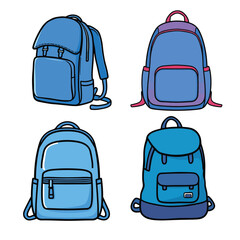 Vector art of four different blue backpacks are shown in a vector illustration isolated on white background