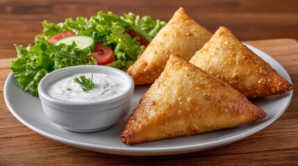 Delicious deep-fried samosas plated with fresh salad and yogurt in an inviting indian dining setting