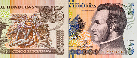 Banknote 5 Lempiras of Honduras. Fragment for designers. Paper money of Honduras.