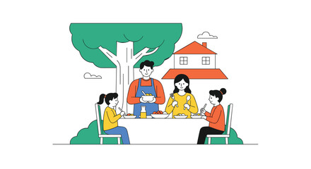 A Happy Family Enjoys a Delicious Meal Together Outdoors Under a Big Tree Next to Their Cozy Home