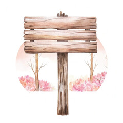 Watercolor illustration set of wooden sign board with vintage flower wreath
