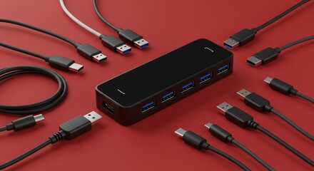USB Hub and Tech Cables on Red Textured Background