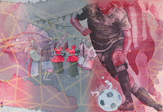 5 Rufiyaa of Maldives with the image of fragment Men playing football. Polymer money of Maldives.
