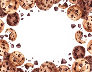 Watercolor chocolate chip cookies border frame for bakery projects or menu design