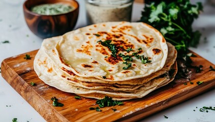 Photo of an unryu tortilla on a white background, with some fresh herbs scattered around it. Web banner with copy space to the right.