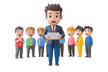 Businessman giving team briefing 3D CARTOON CHARACTER ON WHITE BACKGROUND