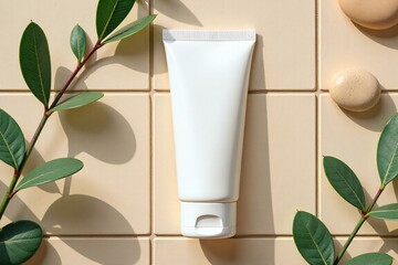 Elegant white skincare tube with verdant leaves