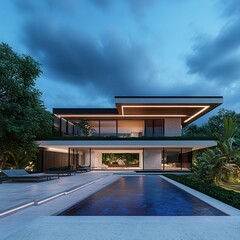 Fototapeta premium 3d rendering of modern cozy house with pool and parking for sale or rent --profile 773ghdn.