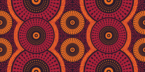 African ethnic traditional red pattern. seamless beautiful Kitenge, chitenge style. fashion design in colorful. Geometric circle abstract motif. Floral Ankara prints, African wax prints.