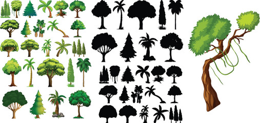 set of silhouettes of trees