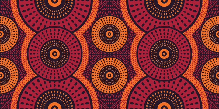 African ethnic traditional red pattern. seamless beautiful Kitenge, chitenge style. fashion design in colorful. Geometric circle abstract motif. Floral Ankara prints, African wax prints.