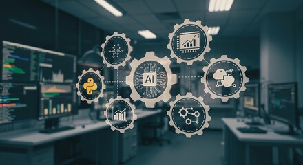AI-powered data analysis system visualized with interconnected gears and computer screens in a modern office setting.