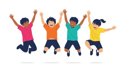 Fototapeta premium Happy diverse children jumping with joy celebrating success and friendship on a white background