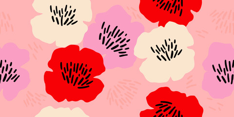 Exotic hand drawn flowers, seamless patterns with floral for fabric, textiles, clothing, wrapping paper, cover, banner, home decor, abstract backgrounds. Vector illustration.