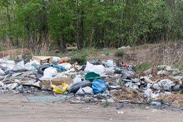A pile of garbage and litter is strewn along a roadside, impacting the natural environment.