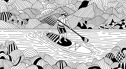 Person paddle boarding on calm water, surrounded by detailed line art mountains and clouds.the black and white coloring book illustration with paddleboarder on the lake