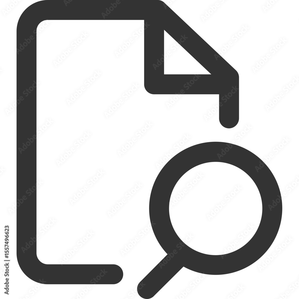 Poster illustration of a document icon with a folded corner and a magnifying glass overlay for searching fi