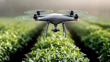 Drone hovering over geometrically patterned crops in an agricultural field