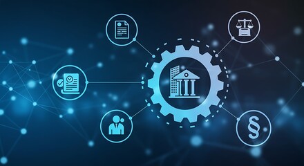 Digital illustration depicting a bank building within a gear, connected to legal and financial icons.