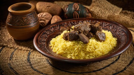 Traditional African Beef Stew Served with Yellow Rice in Decorative Bowl
