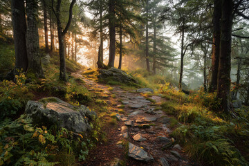 Obraz premium Winding and Rocky Road Through Misty Forest Clearing