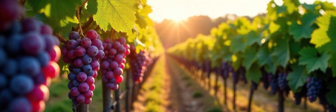 Sunlit Autumn Vineyard Ripe Grapes Ready for Harvest. Rows of plump, purple fruit stretch towards a picturesque horizon, promising a delicious vintage. - Powered by Adobe