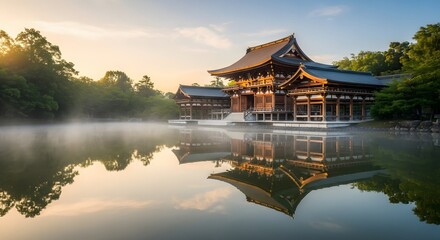 Tranquil Morning at a Japanese Temple Scenic Reflection on Calm Waters During Golden Hour in Japan