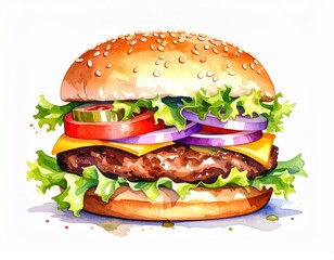 Watercolor rendition of a vibrant stacked hamburger with fresh ingredients on white background