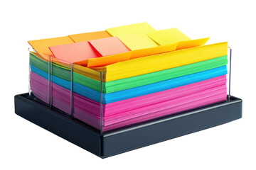 Vibrant multi colored memo notes in a neat acrylic organizer perfect for jotting down thoughts on transparent background