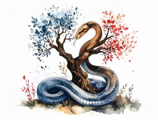 Obraz premium Serpentine Enigma: A watercolor portrayal of temptation around a bifurcated tree