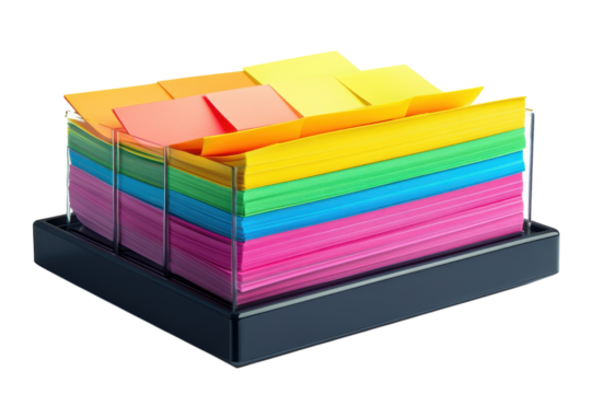 Vibrant multi colored memo notes in a neat acrylic organizer perfect for jotting down thoughts on transparent background