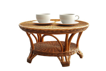 Two serene coffee cups resting on a woven rattan table hinting at a peaceful morning on transparent background