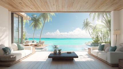 Luxurious modern living room with ocean view and infinity pool