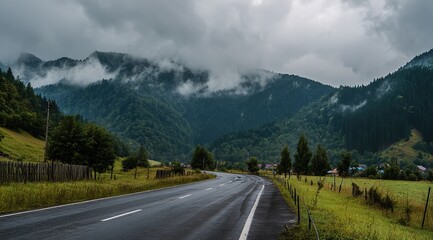 Fototapeta premium The road leads to the mountains, with tree-lined mountain roads, cloud-shrouded mountains in front of and behind, and damp asphalt pavement. Forest after rain with misty mountain background.