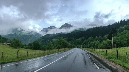 Fototapeta premium The road leads to the mountains, with tree-lined mountain roads, cloud-shrouded mountains in front of and behind, and damp asphalt pavement. Forest after rain with misty mountain background.